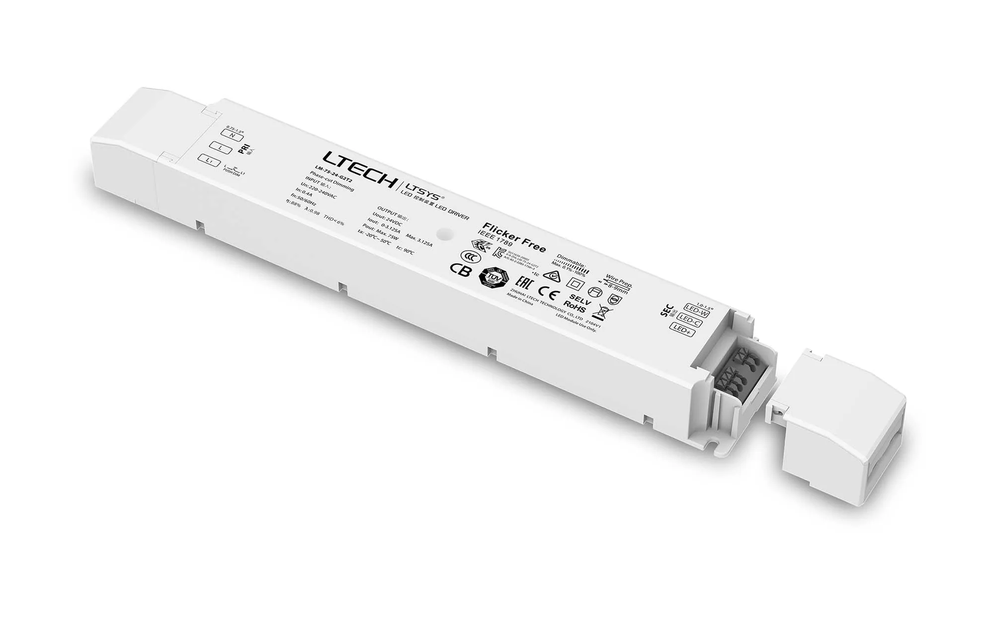 Leading edge (Triac), Trailing edge (ELV) Phase-cut and Push DIM/CCT, 0-100% Dim, Constant Voltage 75W, 24Vdc 3.12A, 200-240Vac, IP20, 5yrs Warranty. LM-75-24-G2T2  LTECH Constant Voltage